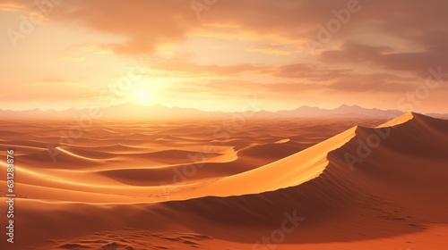  a desert scene with a sunset in the background and sand dunes in the foreground. generative ai