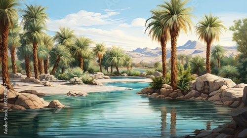  a painting of a river surrounded by palm trees and rocks. generative ai