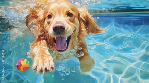  a golden retriever swimming in a pool with a ball. generative ai