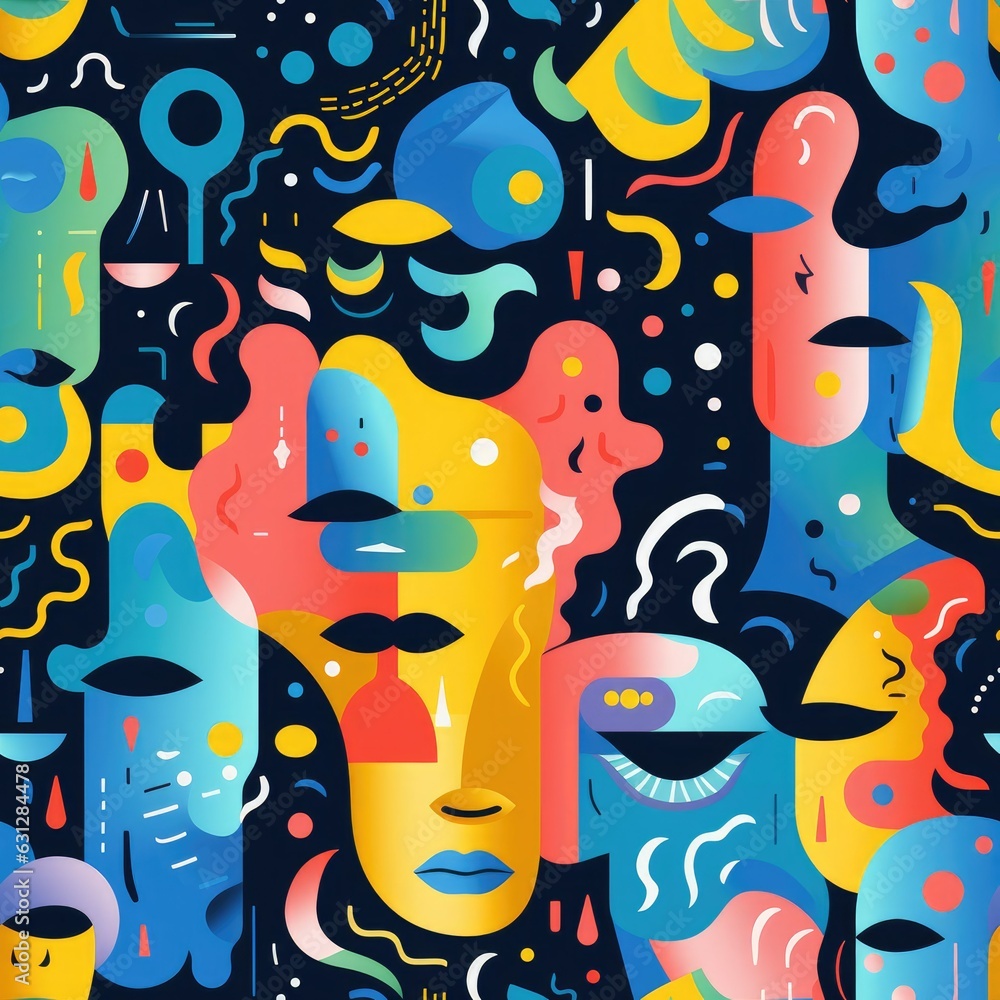 Intricate Interplay: Grainy Risograph seamless pattern of Faces and Shapes