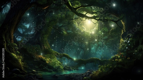  a dark forest with a stream of water surrounded by trees. generative ai