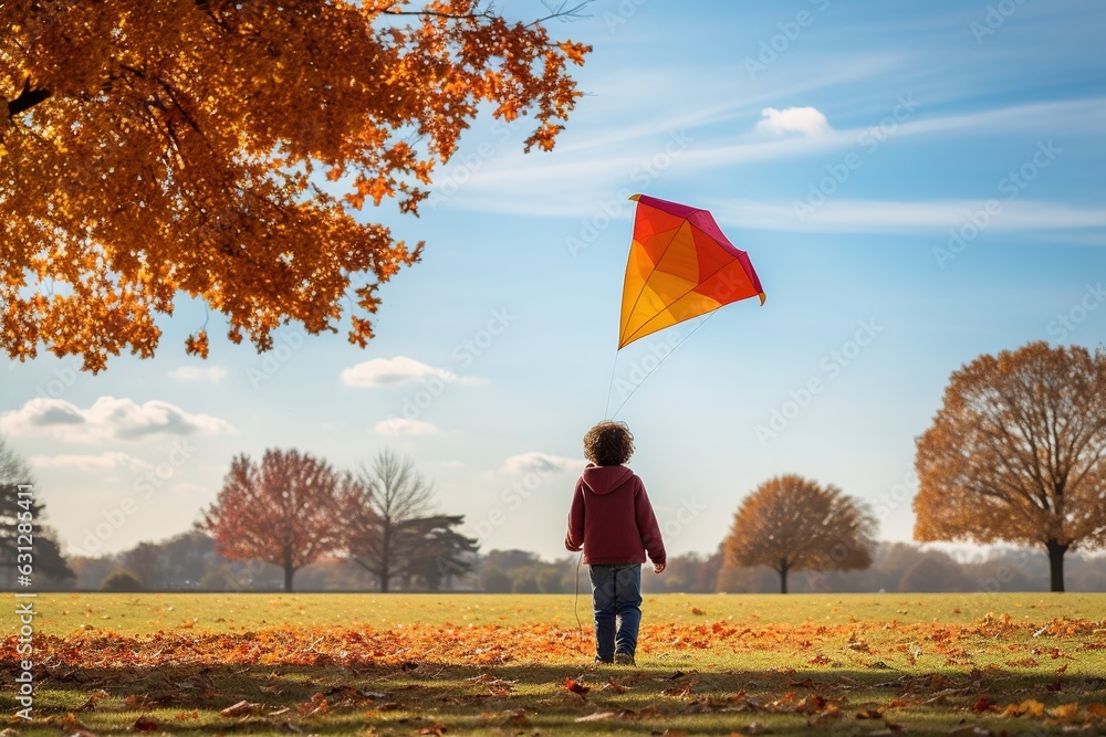 An enthusiastic child flying a colorful kite in a park, with a carpet of crunchy autumn leaves underfoot and a clear blue sky overhead An enthusiastic child flying a colorful kite in a park, with a carpet of crunchy autumn leaves underfoot and a clear blue sky overhead