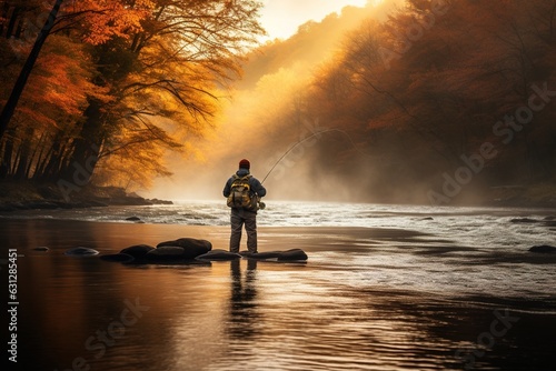 an angler in waders standing in a river, fly fishing amid a serene landscape painted with autumn colors