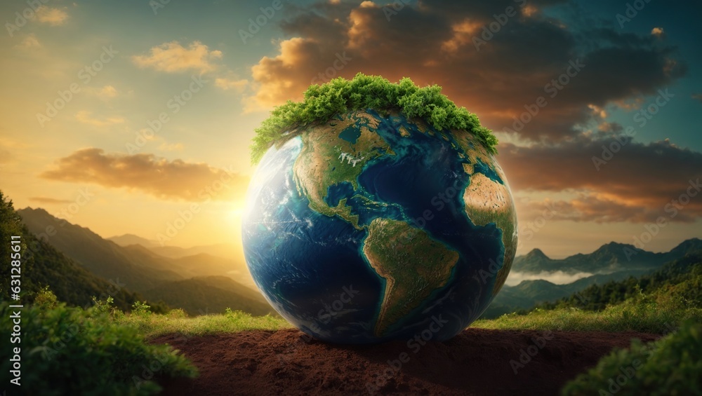 Earth globe and growing tree. Environment, save clean planet, ecology concept. Earth Day banner with copy space. AI generated.