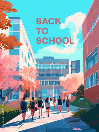 Education. College or school building with students going to lectures. Vector illustration, vertical posters.