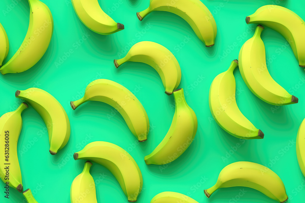 Bananas on green background seamless pattern, bananas tile ornament, fruit repeat texture for wrapping paper or textile print. 3d render illustration style. Bananas on green background seamless pattern, bananas tile ornament, fruit repeat texture for wrapping paper or textile print. 3d render illustration style.