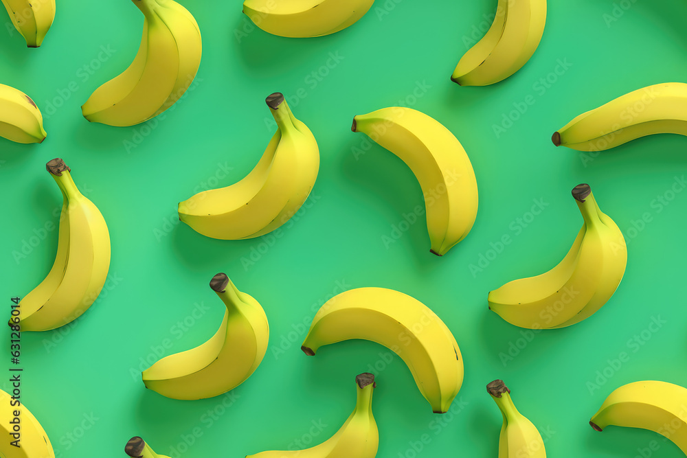 Bananas on green background seamless pattern, bananas tile ornament, fruit repeat texture for wrapping paper or textile print. 3d render illustration style.