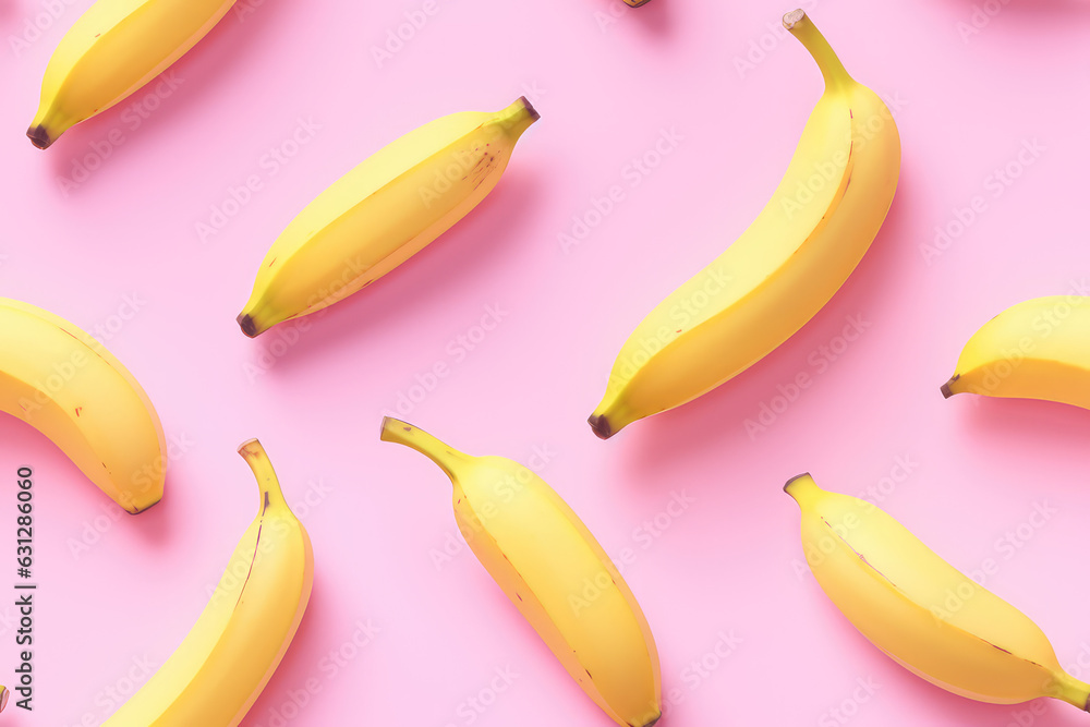 Bananas on pink background seamless pattern, bananas tile ornament, fruit repeat texture for wrapping paper or textile print. 3d render illustration style. Bananas on pink background seamless pattern, bananas tile ornament, fruit repeat texture for wrapping paper or textile print. 3d render illustration style.