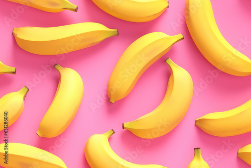 Bananas on pink background seamless pattern, bananas tile ornament, fruit repeat texture for wrapping paper or textile print. 3d render illustration style.