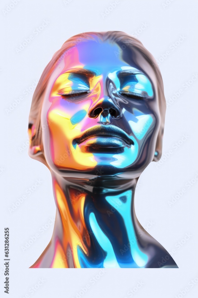 Woman Figure. Liquid Colored Metal Floating Arond Her Face. Generative AI