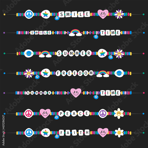 Retro hand drawn vector of children's friendship accessories, including beads, bracelets, necklaces. Card icons in the style of the 90s, multicolored and beaded.