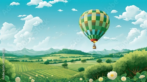  a painting of a hot air balloon flying over a field. generative ai
