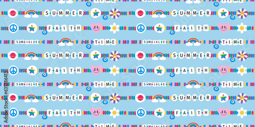 Retro hand drawn vector seamless pattern of children's friendship accessories, including beads, bracelets, necklaces. Card icons in the style of the 90s, multicolored and beaded.
