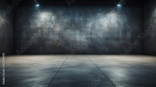 Empty room with concrete walls, dark interior with spotlights. Industrial copy space. Generative AI