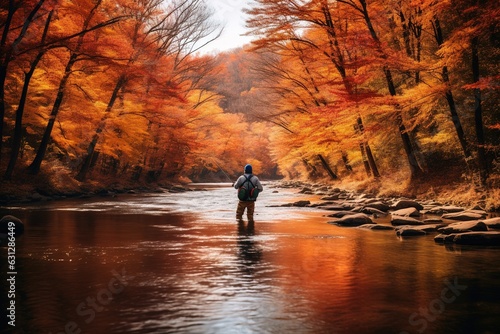 an angler in waders standing in a river, fly fishing amid a serene landscape painted with autumn colors