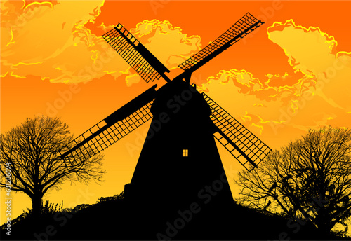 molino, vector, paisaje, agricultura, molinos de viento, silueta, paisaje rural
