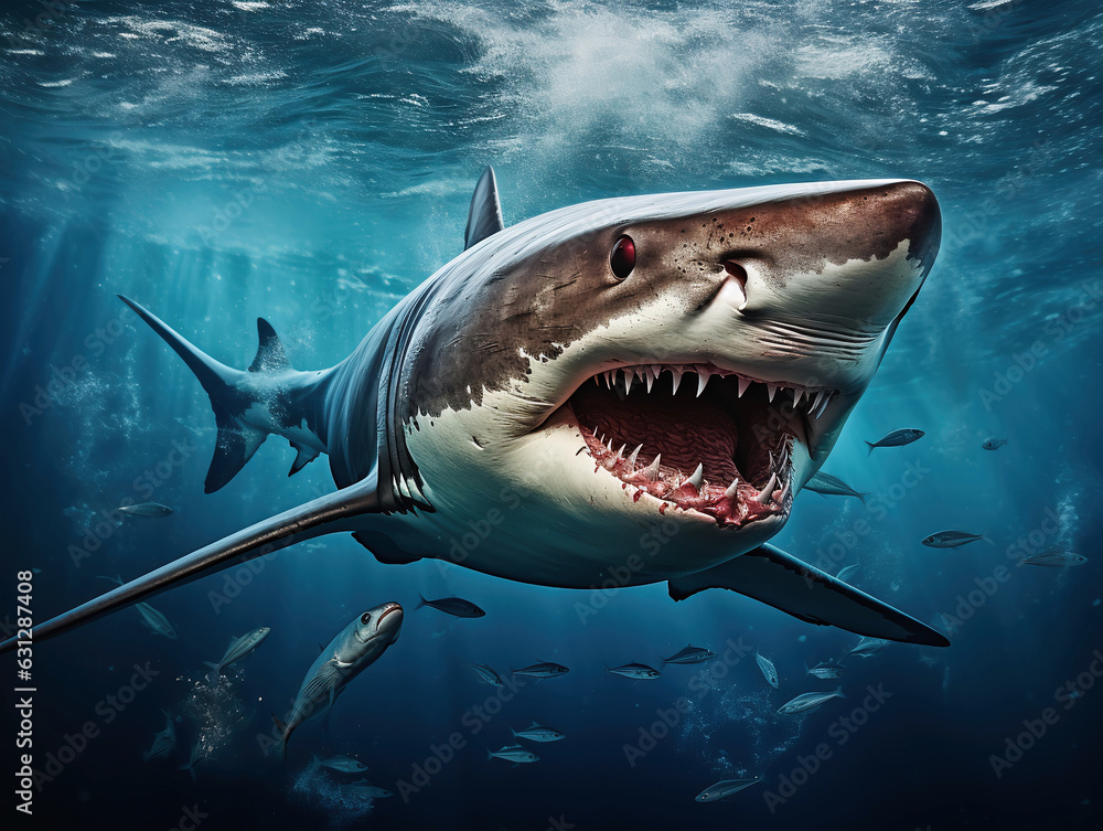 Obraz premium shark with open mouths swimming straight to viewer 