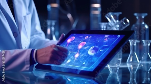 Medical Research, Health technology, Healthcare and medicine concept. Technician using digital tablet, studying chemical elements in hospital laboratoty with medical icons, microbiology
