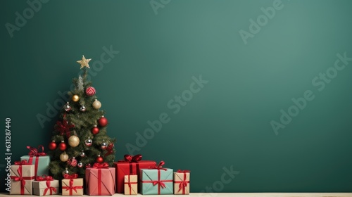 Merry Christmas banner with blank space for text, green background, giftboxes, fir tree branches, red and green ornaments