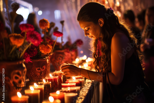 A Scented Tribute: Woman Lights Incense at a Day of the Dead Altar in Memory of Departed Loved Ones photo