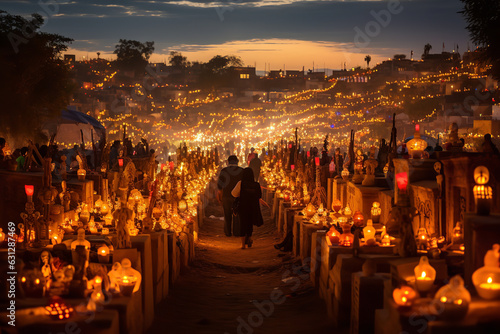 Illuminating the Night: A Mexican Cemetery Lit by Candles During the Sacred Day of the Dead Festival photo