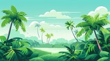  a painting of a tropical landscape with palm trees and water.  generative ai