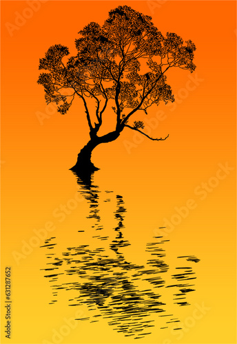 arbol, silueta, vector, color, atardecer, reflejo, agua, cuadro, pintura