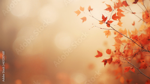 Colorful autumn leaves in rays of sunlight and blurred trees . Abstract Fall background. © petrrgoskov