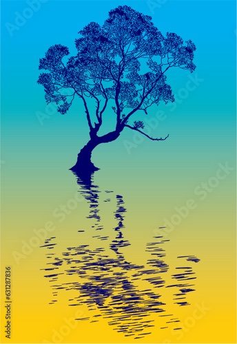 arbol  silueta  vector  color  atardecer  reflejo  agua  cuadro  pintura