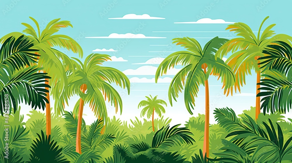  a painting of a tropical scene with palm trees and blue sky.  generative ai