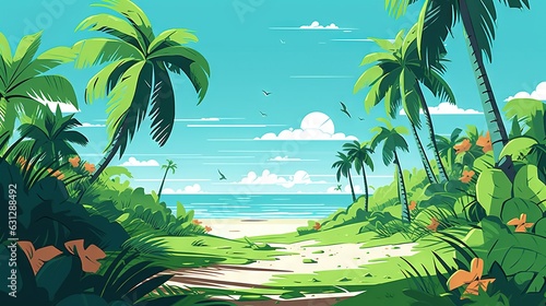  a painting of a tropical landscape with palm trees and a beach.  generative ai