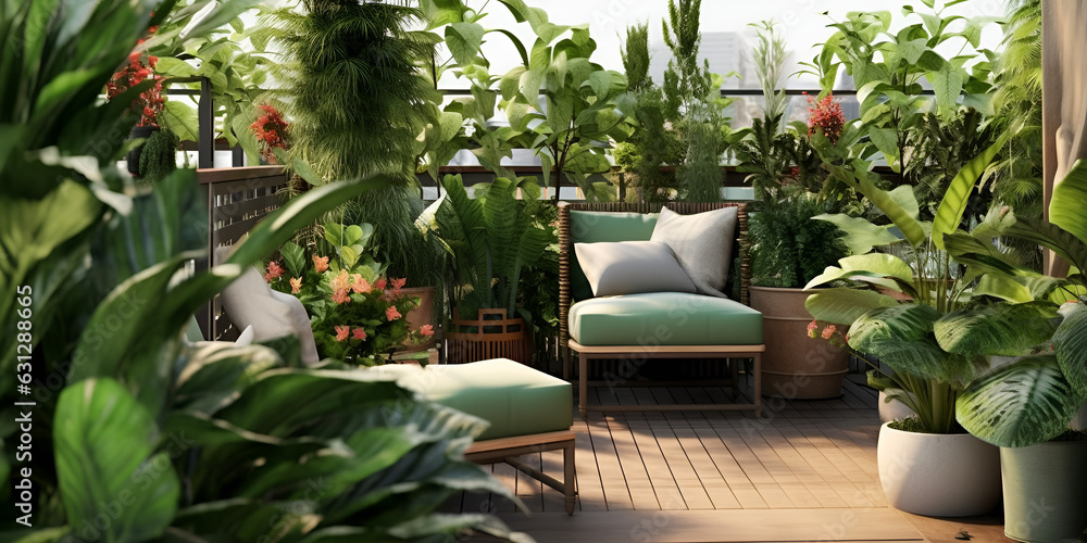Modern balcony sitting area decorated with green plant