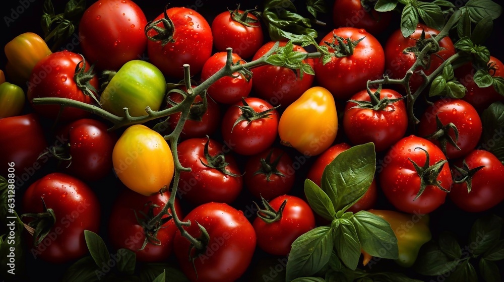 Colorful ripe tomatoes seamless background. Top view, ai generated