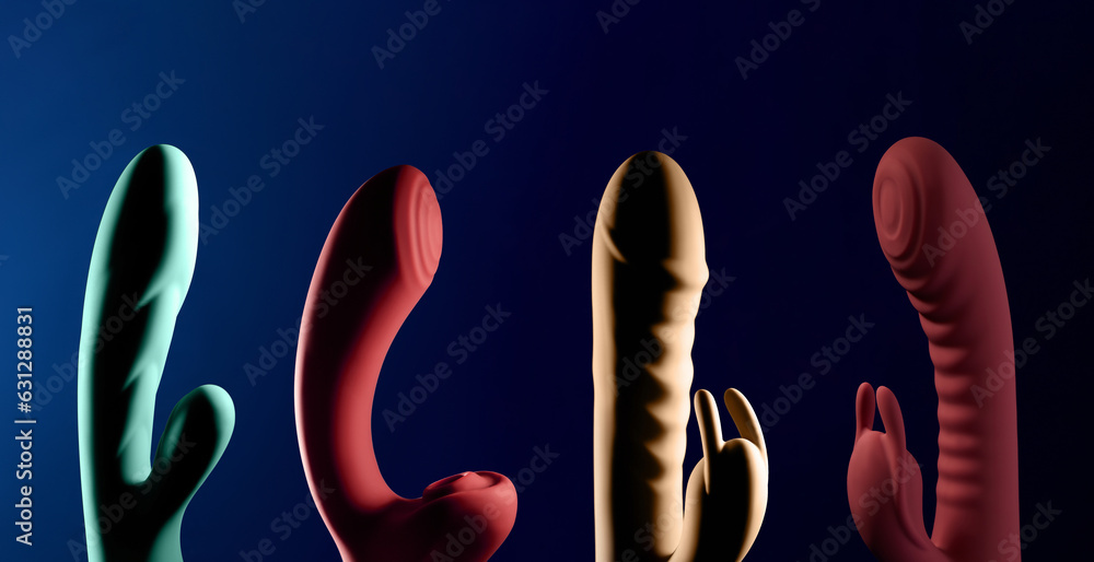 Adult sex toys, set of dildo shaped vibrators, vibrator for women - obrazy, fototapety, plakaty 