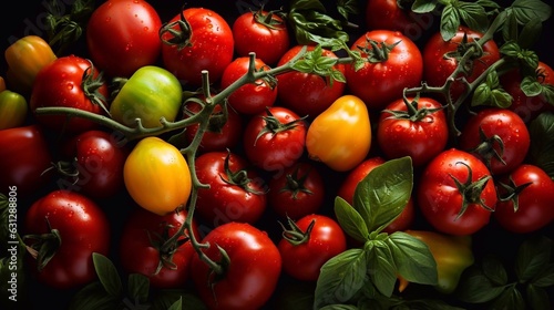 Colorful ripe tomatoes seamless background. Top view, ai generated
