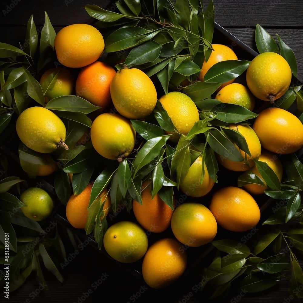 Fresh ripe mangoes on black wooden background. Top view. AI generated Fresh ripe mangoes on black wooden background. Top view. AI generated