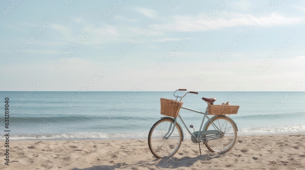  a bicycle parked on the beach with a basket on the front.  generative ai