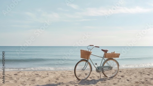  a bicycle parked on the beach with a basket on the front. generative ai