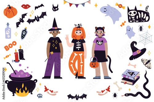 Kids in halloween costumes and a frame from the attributes of the holiday. Funny and cute carnival multiracial kids set, cartoon style. Trendy modern vector illustration, hand drawn, flat