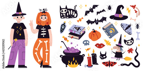 Kids in halloween costumes and attributes of the holiday. Funny and cute carnival kids set, cartoon style. Trendy modern vector illustration, hand drawn, flat design