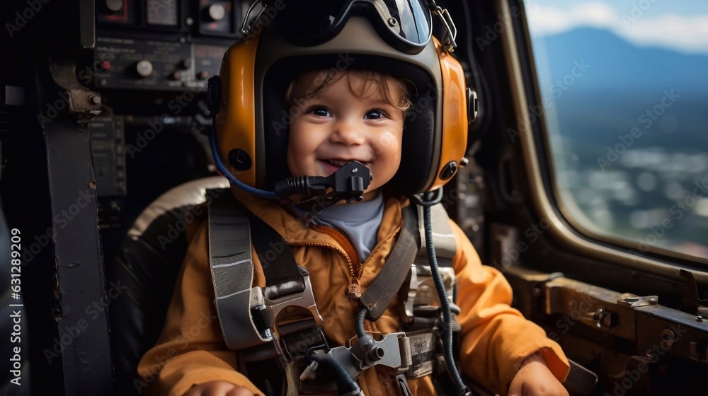 Close up portrait of baby boy helicopter pilot wearing in uniform. AI generation Close up portrait of baby boy helicopter pilot wearing in uniform. AI generation