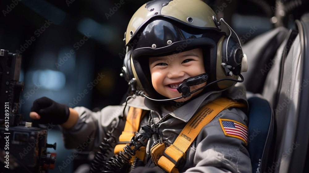 Naklejka premium Close up portrait of asian baby boy helicopter pilot wearing in uniform. AI generation