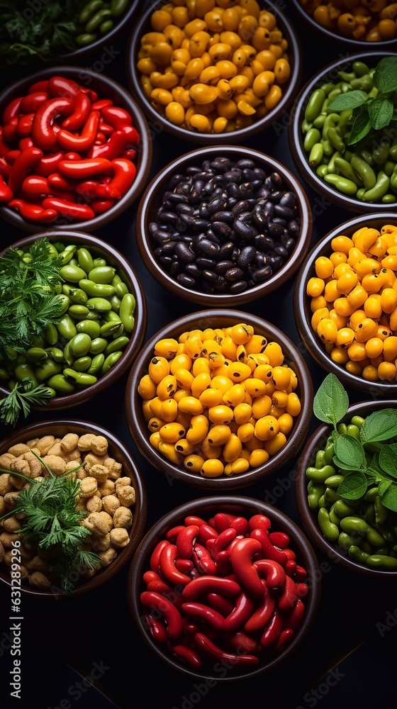 Colorful different beans in bowls on black background, top view. AI generation Colorful different beans in bowls on black background, top view. AI generation