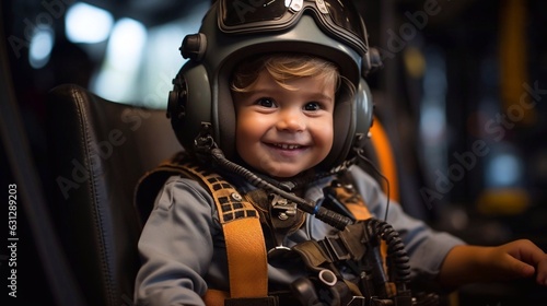 Close up portrait of baby boy helicopter pilot wearing in uniform. AI generation © tanchy25