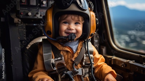 Close up portrait of baby boy helicopter pilot wearing in uniform. AI generation © tanchy25