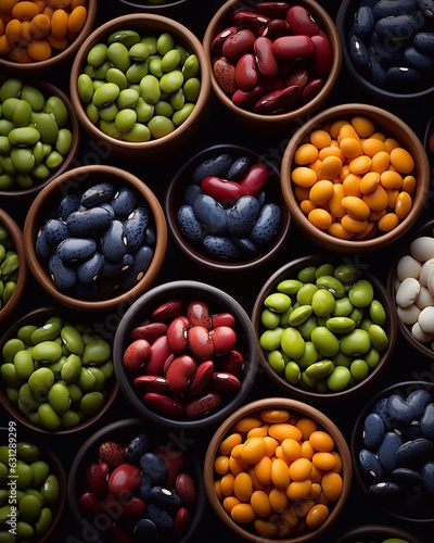 Colorful different beans in bowls seamless background, top view. AI generation