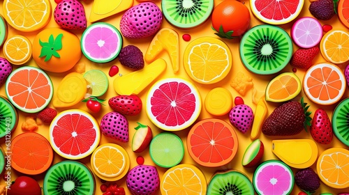  a close up of a bunch of fruit on a table. generative ai