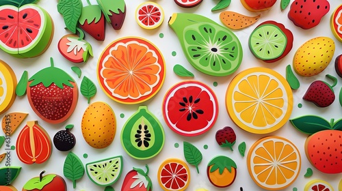  a bunch of cut up fruit on a white surface with green leaves and oranges. generative ai