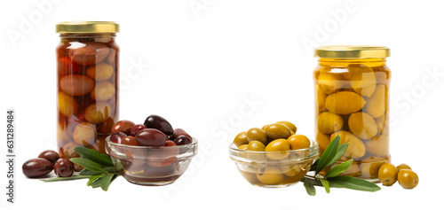Delicious black, green and red olives in a jar isolated on a white background. Pickled olives in a glass jar. Delicious olives. Close-up. Vegan.Collage. Design.