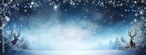 Winter landscape with deer and snowflakes. panoramic banner. selective focus. 